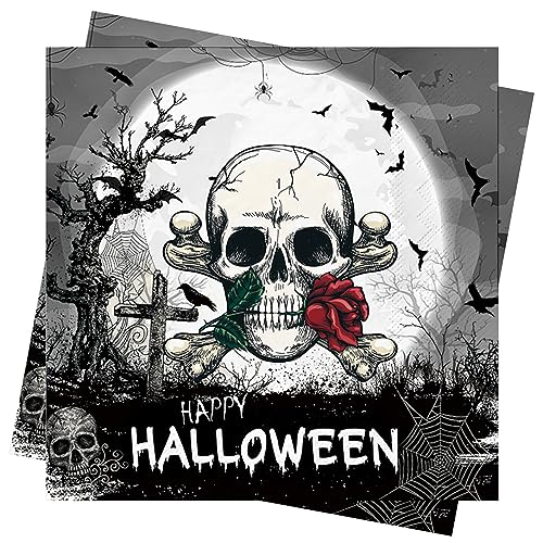 AFYHH Halloween Servietten Halloween Serviette Deko 40Stück Servietten Herbst Geburtstag Schwarz Servietten mit Skelett Halloween Tischdeko Accessories 33X33cm Papierservietten Happy Halloween Napkins von AFYHH