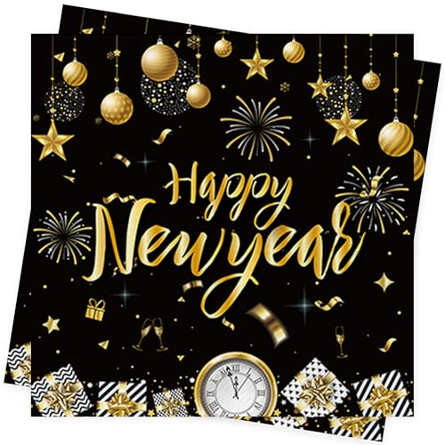 AFYHH Servietten Silvester Deko Happy New Year Servietten Silvester Tischdeko Neujahr Papierservietten für 2025 Neujahr 33x33cm Schwarz Gold Servietten für Neujahr Party Dekoration Servietts (40Stück) von AFYHH