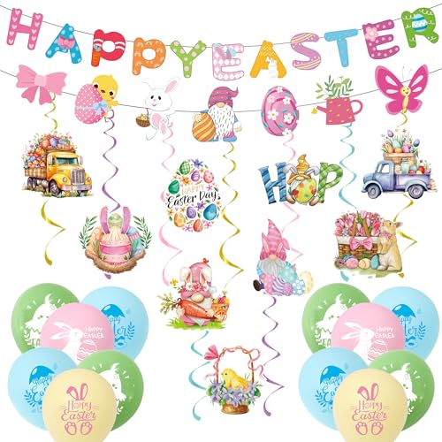 Osterdekorationen Indoor Happy Easter Banner Girlande Ostern Wimpelkette Luftballons für Zuhause Dekoration Ostern Decke Hängende Wirbel für Home Office Schule Klassenzimmer Ostern Party Dekorationen von AFYHH