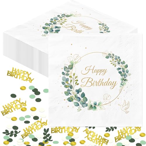 Servietten Geburtstag Konfetti Deko Tischdeko - AFYHH 40Pcs Happy Birthday Servietten 100Pcs Geburtstag Konfetti Eukalyptus Grün Geburtstag Servietten Mann Frau Schön Dass Du Da Bist Papierservietten von AFYHH