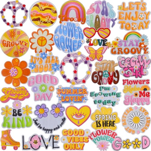 31 Stück Hippie-Patches im groovigen Stil, bestickt, Boho, Blume, Schmetterling, bunte Wörter, zum Aufbügeln oder Aufnähen, Reparaturapplikationen für DIY-Kleidung, Hüte, Jeans, Rucksäcke, dekoratives von AGNURCADE