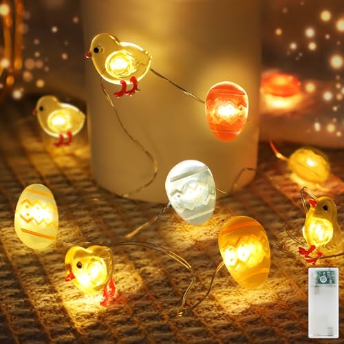 AGOTD Lichterkette Ostern, 20er Micro LED Küken Ostereier Lichterkette Batterie Timer, Warmweiß Osterdeko Lichterkette Außen Innen für Tisch deko Osterkörbchen Oster Deko von AGOTD