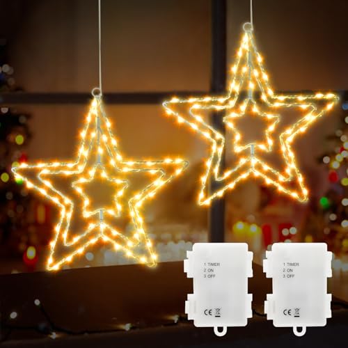 AGOTD Sterne Weihnachtsbeleuchtung, 75 LED Warmweiß Leuchtstern Fensterdeko Batterie Weihnachtsdeko Lichterkette mit Timer für Fenster Innen Zimmer Balkon Geburtstag Party Hochzeit von AGOTD