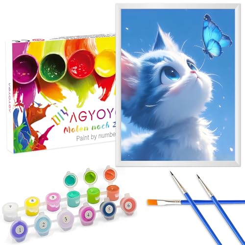 AGYOYGA Malen nach Zahlen Katze ab 6 7 8 9 Jahre Mädchen, DIY Geschenk Mit Rahmen Bastelset - Paint by Numbers Kinder - Pinseln und Acrylfarbe Geschenkbox von AGYOYGA