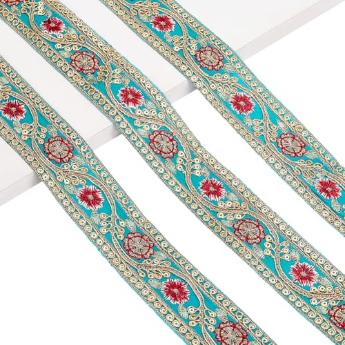 AHANDMAKER 10 Yards Cyan Jacquard Band Trim 1.57 Zoll Stickerei Paillettenbänder Blumenmuster Gewebte Borte Ethnisches Jacquardband Glitzerndes Metallicband Für Dekor von AHANDMAKER