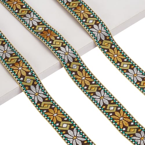 AHANDMAKER 10 Yards Floral Gewebte Borte Boho Band Spitzenbesatz 1 Zoll Vintage Jacquardband Besticktes Ethnisches Gewebtes Band Zum Nähen von Bastel Und Kleidungszubehör Dunkelgolden von AHANDMAKER