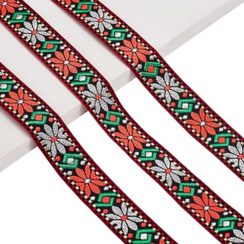 AHANDMAKER 10 Yards Florales Gewebtes Band Boho Band Spitzenbesatz 1 Zoll Breit Vintage Jacquardband Ethnisches Gewebtes Band Zum Nähen Basteln DIY Kleidungszubehör Orange Rot von AHANDMAKER