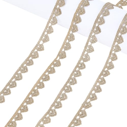 AHANDMAKER 10 Yards Gold Herz Spitzenbesatz 3/8" Breites Spitzenband Mit Herzstickerei Metallic Stoffbesatz Kantenbesätze Zum Nähen Basteln Geschenkverpackung Vorhang Taschen Dekor von AHANDMAKER