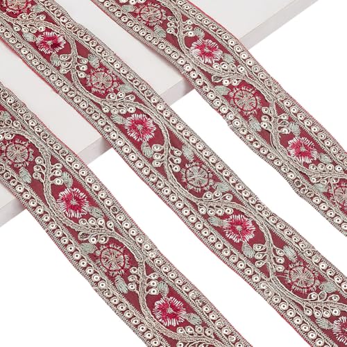 AHANDMAKER 10 Yards Rotes Jacquardband 1.57 Zoll Stickerei Paillettenbänder Blumenmuster Gewebte Borte Ethnisches Jacquardband Glitzerndes Metallicband Zum Nähen von AHANDMAKER