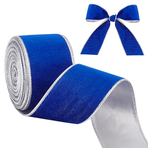 AHANDMAKER 10 Yards Samtband Mit Draht, 2.5 Zoll Blaues Und Silbernes Samtband Zum Verpacken von Geschenken, Breites Vintage-Band Mit Drahtrand Für Weihnachtsbaumspitzen, Und Hochzeitsdekoration von AHANDMAKER