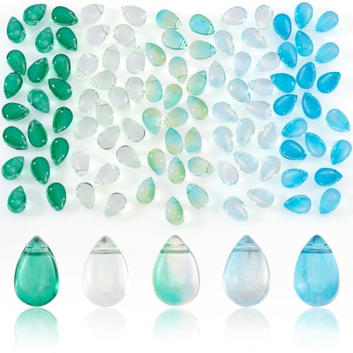 AHANDMAKER 100 Stk Teardrop Tschechische Glasperlen, 5 Farben Transparente Kristallperlen Mit Glitzer Goldpulver Wassertropfen Lose Anhänger Perlen Für DIY Halskette Ohrring Armband, Blau Grün von AHANDMAKER