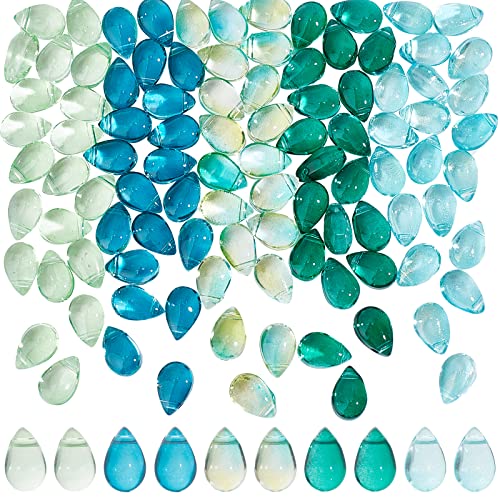 AHANDMAKER 100 Stück Tropfenförmige tschechische Glasperlen, 5 Farben, transparente Kristallperlen mit Glitzer, Goldpulver, Wassertropfen, lose Anhänger, Schmuckherstellung, Blau und Grün von AHANDMAKER