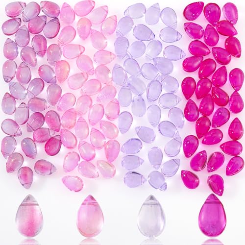 AHANDMAKER 120 Stk Teardrop Tschechische Glasperlen, 4 Farben Transparente Kristallperlen Mit Glitzer Goldpulver Wassertropfen Lose Anhänger Perlen Für DIY Halskette Ohrring Armband, Pink&Lila von AHANDMAKER