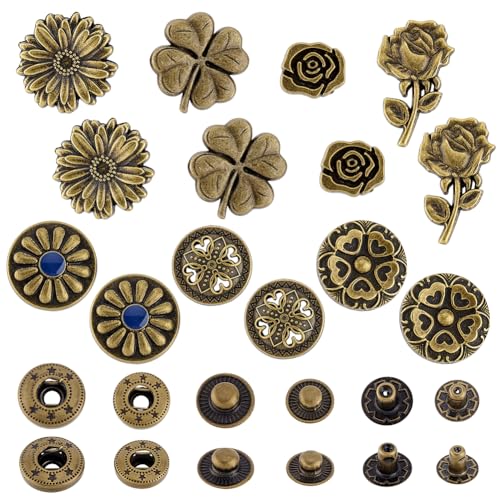 AHANDMAKER 14 Set Antike Druckknöpfe. 7 Stile Vintage Metall Druckknopf Kleeblatt Daisy Rose Chrysantheme Leder Druckknöpfe Druckknöpfe Mit Blumenmotiv Für DIY Bastelarbeiten Kleidung Jacken von AHANDMAKER