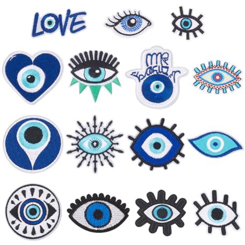 AHANDMAKER 15 Stück Evil Eye Stickerei-Aufnäher für Kleidung, Blau, Böser Blick, Hamsa-Hand, Böser Blick, zum Aufbügeln oder Aufnähen, Applikation für Kleidung, Jacken, Jeans, Taschen, DIY-Stickerei, von AHANDMAKER