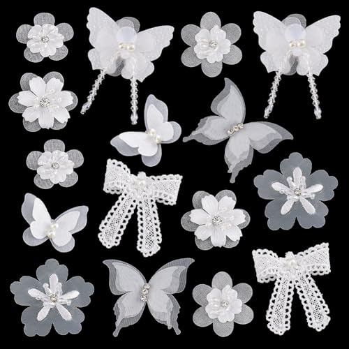 AHANDMAKER 16 Stück Schmetterlings Spitzen Blumenapplikation. Weiße Organza Schmetterling Patches Perle Chiffon Floral Spitze Applikationen Schleife Patches Applikation Zum Aufnähen Für Selbstgemachte von AHANDMAKER