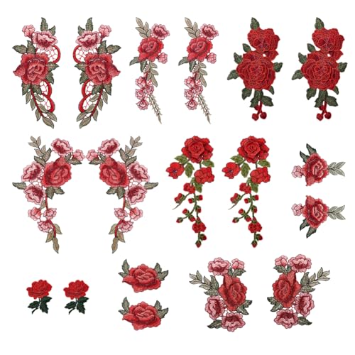 AHANDMAKER 18 Stück Rote Rose Stickerei Blumen Applikation Zum Aufnähen. 9 Stil Rosenblüten Aufnäher Blumen Aufnäher Zum Aufbügeln Für DIY Dekoration. Kleidung Taschen von AHANDMAKER