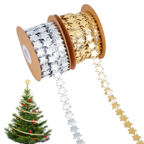 AHANDMAKER 2 Rolle 10.94 Yards Sternbandverzierung, 14 mm Breite Glitzer-Sternbänder Aus Gold- Und Silberfarbenem Polyester, Sterndekorationsbänder Für Weihnachten, Hochzeit, Kuchenverpackung von AHANDMAKER