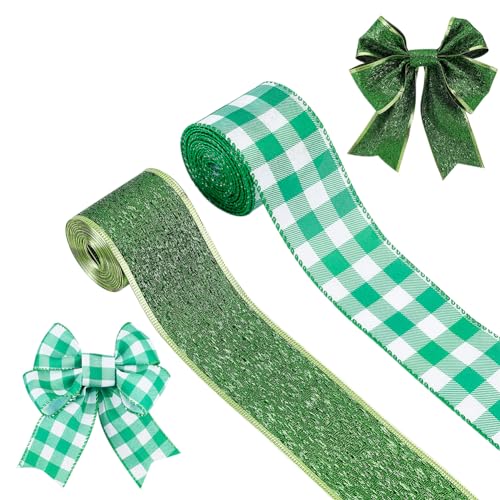 AHANDMAKER 2 Rolle 6 Yards St. Patrick's Day-Band, Grünes Polyesterband Zum Verpacken von Geschenken, Grünes Drahtband, Grün-Weißes Büffelkaroband Für St. Patrick's Day Party DIY Basteldekoration von AHANDMAKER