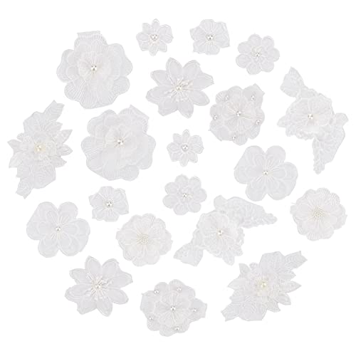 AHANDMAKER 20 Stück 3D-Blumen-Spitze-Stickapplikationen, Aufnäher Mit Blumenmuster, Weißer Perlen-Spitzenstoff Für Kleidung, Reparatur, Dekoration, Hochzeit, Braut, Party, Kleid, Zubehör, DIY-Handwerk von AHANDMAKER