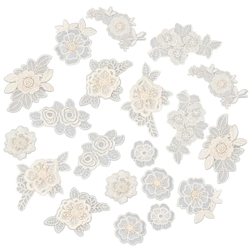 AHANDMAKER 20 Stück bestickte Blumenapplikationen, 10 Stile Organza-Blumenaufnäher, Chiffon-Blumenspitzen-Applikation, 3D-Blumenaufnäher, zum Nähen, Basteln, Kleidung, Stirnbänder, Blumenmuster, Weiß von AHANDMAKER