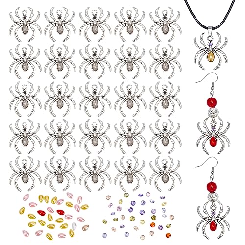 AHANDMAKER 30 Set DIY-Spider-Charm-Anhänger-Set, Halloween-Spinnenanhänger Aus Legierung, Tibetisches Tierzubehör Mit Bunten Tropfen Und Diamant-Cabochons Für Die Herstellung von DIY-Schmuck von AHANDMAKER