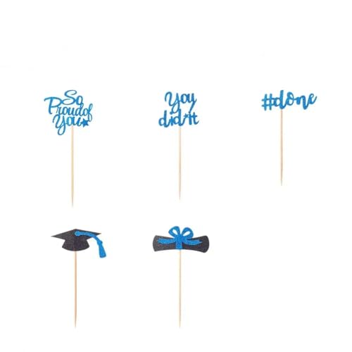 AHANDMAKER 30 Stück Cupcake Topper Zum Schulabschluss Glitzernd Glückwunsch Zum Schulabschluss Cupcake Picks Diplom Abschlusskappe Kuchendekoration Für Partyzubehör Zum Schulabschluss Blau von AHANDMAKER