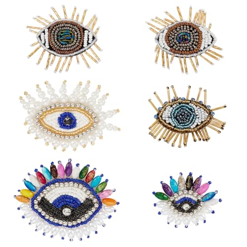 AHANDMAKER 6 Stück Augenperlen Patches Für Kleidung Strass Evil Eye Patch Aufnäher Evil Eye Handarbeit Perlen Bestickte Applikation Für Taschen Kleidung Jacken Hüte von AHANDMAKER