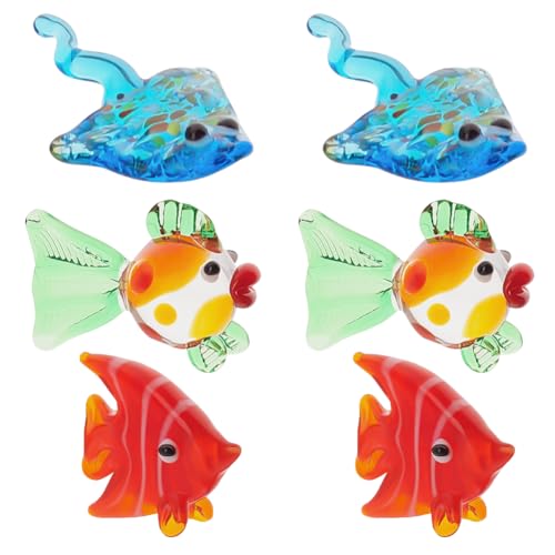 AHANDMAKER 6 Stück Glastierfiguren Kleine Fischfiguren, 3 Stile Glastierfiguren Für Die Tischdekoration, Falterfischfiguren, Goldfisch Figuren, Manta Ray Glas Display Miniatur Für Heimdekoration von AHANDMAKER