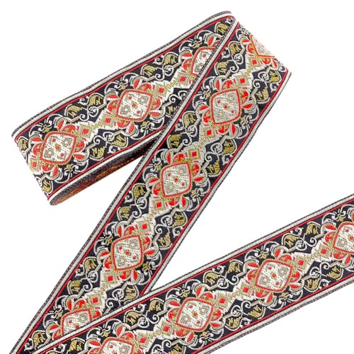 AHANDMAKER 7.44 Yards Floral Gewebte Borte Boho Band Spitzenbesatz 2 Zoll Vintage Jacquardband Besticktes Gewebtes Band Zum Nähen Basteln DIY Kleidungsdekorationen Rot von AHANDMAKER