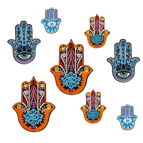 AHANDMAKER 8 Stück Hamsa-Auge Handgestickter Aufnäher Zum Aufbügeln, 4 Stil Bestickter Abzeichen-Aufnäher Zum Aufnähen, Dekorative Aufnäher Zum Aufnähen Für Kleider, Jeans, Jacken, Handtaschen von AHANDMAKER