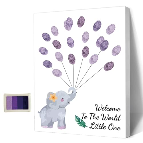 AHANDMAKER Babyparty-Gästebuch, Tiere-Thema, Baby-Geschlecht-Enthüllung, Fingerabdruck-Baum, Fingerabdruck-Baum-Leinwand, Personalisiertes Alternatives Gästebuch Mit 4 Stempelkissen, Elefant von AHANDMAKER