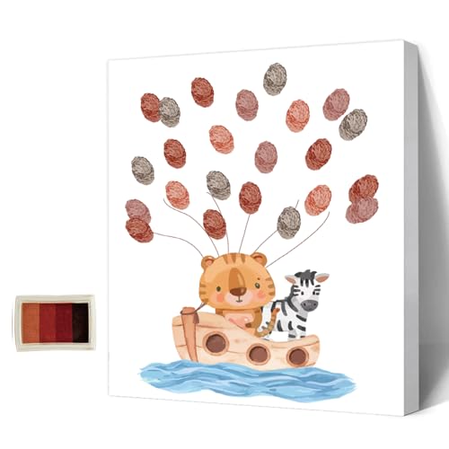 AHANDMAKER Babyparty-Gästebuch, Tiere-Thema, Baby-Geschlecht-Enthüllung, Fingerabdruck-Baum, Fingerabdruck-Baum-Leinwand, Personalisiertes Alternatives Gästebuch Mit 4 Stempelkissen, Tigerzebra von AHANDMAKER