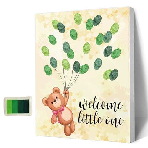 AHANDMAKER Babyparty-Gästebuch, Tiere-Thema, Baby-Geschlecht-Enthüllung, Fingerabdruck-Baum, Personalisiertes Alternatives Gästebuch Mit 4 Stempelkissen Für Geschlecht-Enthüllungsparty, Bär von AHANDMAKER