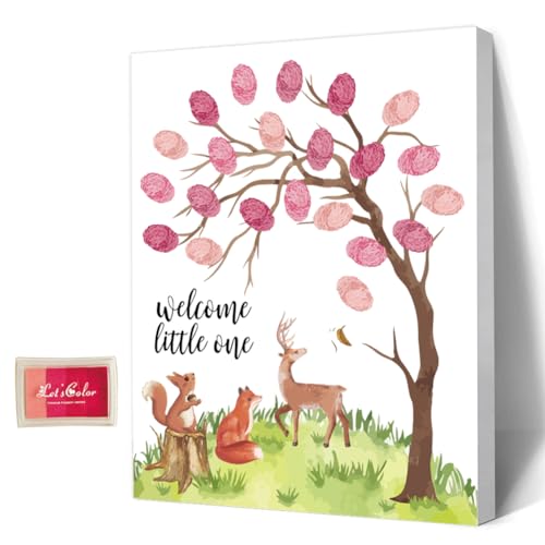 AHANDMAKER Babyparty-Gästebuch, Tiere-Thema, Baby-Geschlecht-Enthüllung, Fingerabdruck-Baum-Leinwand, Personalisiertes Alternatives Gästebuch Mit 4 Stempelkissen, Eichhörnchen, Hirsch, Fuchs von AHANDMAKER