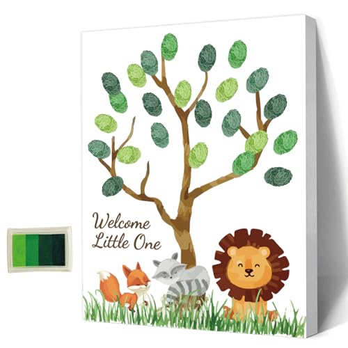 AHANDMAKER Babyparty-Gästebuch, Tiere-Thema, Baby-Geschlecht-Enthüllung, Fingerabdruck-Baum-Leinwand, Personalisiertes Alternatives Gästebuch Mit 4 Stempelkissen, Fuchs Waschbär Löwe von AHANDMAKER