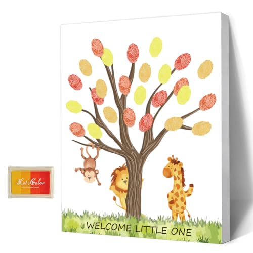 AHANDMAKER Babyparty-Gästebuch, Tiere-Thema, Baby-Geschlecht-Enthüllung, Fingerabdruck-Baum-Leinwand, Personalisiertes Alternatives Gästebuch Mit 4 Stempelkissen, Giraffen-Löwen-Affe von AHANDMAKER