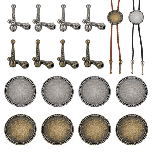 AHANDMAKER Bolo Tie Herstellungskits 16 Stück 1.28 Zoll Lange Bolo Tie Spitzen Kordelenden 8Pcs Blank Bolo Tie Schnalle Runde Rutschen Verschluss 1.5 Zoll Bolo Halskette Ersatz Kit von AHANDMAKER