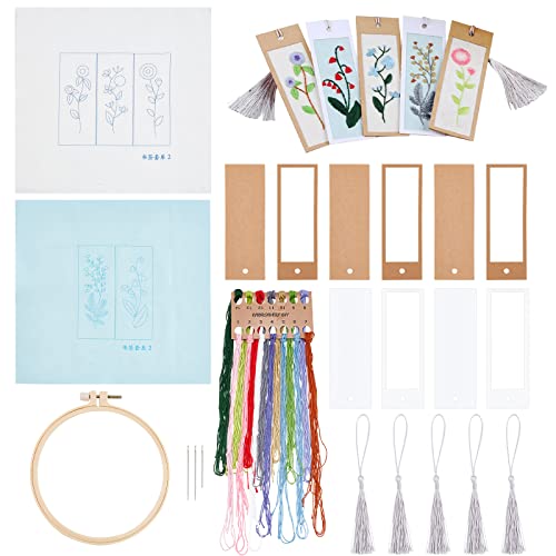 AHANDMAKER Ein Lesezeichen-Set Zum Sticken von Hand, Stickerei-Lesezeichen Mit Floralen Pflanzenstempeln Für Anfänger, Erwachsene, DIY-Kreuzstichpackung Mit Nadel Quastenkarten Stickrahmen Anleitung von AHANDMAKER