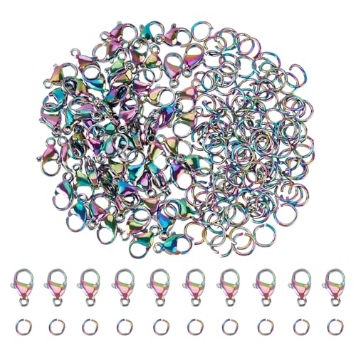 AHANDMAKER Karabinerverschlüsse mit offenen Binderingen, 60 Stück, Regenbogenfarben, 304 Edelstahl, Karabinerverschlüsse mit 120 Biegeringen, für Bastelarbeiten, Ohrringe, Halsketten, Armbänder, von AHANDMAKER