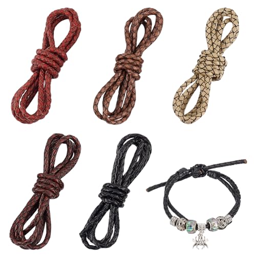 AHANDMAKER Rundes Geflochtenes Lederband 4 mm, 5.47 Yards Rundes Bolo-Seil Für Die Schmuckherstellung, Rundes Geflochtenes Bolo-Lederstreifen-Lederseil Für Armbänder, Anhänger, Kunsthandwerk von AHANDMAKER