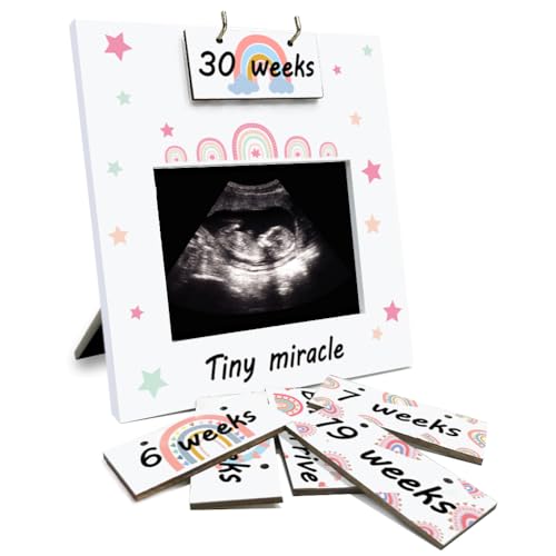 AHANDMAKER Ultraschall-Fotorahmen mit Baby-Countdown, Wochen-Fotorahmen, Geschenk für werdende Eltern, Erstlingsmütter und neue Mütter, Regenbogen-Muster Schwangerschaftsanzeige von AHANDMAKER