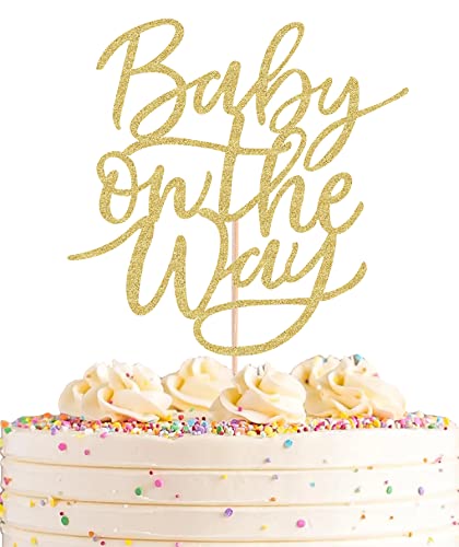 AHAORAY Baby On The Way Kuchendekoration – Gold Glitzer Babyparty / Geschlechtsoffenbarung Party / Geburtstag Party Kuchen Dekoration Zubehör für Fotoautomaten Requisiten von AHAORAY