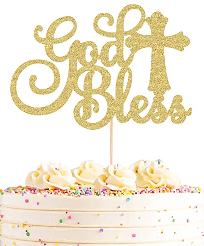 AHAORAY God Bless Kuchendekoration – Gold Glitzer Babyparty Party Kuchen Dekorationen Zubehör – Segen Sie dieses Kind Erstkommunion Taufe mit Kreuz Party Kuchen Dekor, Fotoautomaten Requisiten von AHAORAY