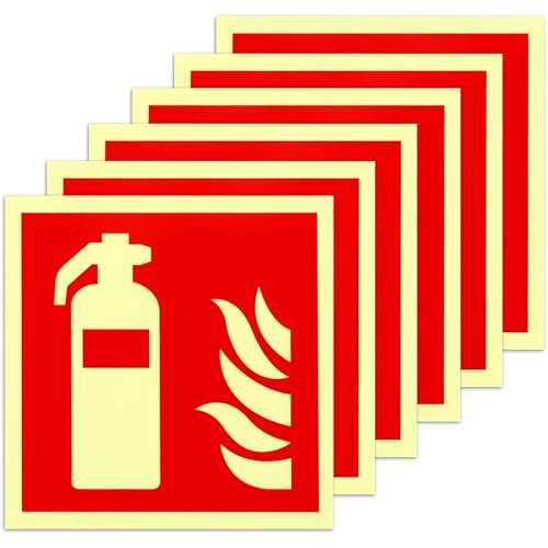 6 Stück Feuerlöscher Schild, 15x15 cm – Selbstklebende PVC Nachleuchtend Brandschutzzeichen, Sicherheitsmarkierung für Büro, Haus, Baustelle, Auto – ISO-konforme Feuerlöscher Aufkleber von AHEJIOO