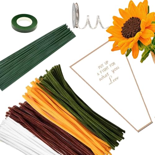 AHEJIOO Sonnenblumen Blumenstrauß Pfeifenreiniger Set, Pfeifenputzer Zum Basteln, 300 Stück Pfeifenreiniger (Goldgelb,Weiß,Blattgrün,Braun) Mit 8 Blütenstiel, Geschenkpapier, Geschenkband, Klebeband von AHEJIOO