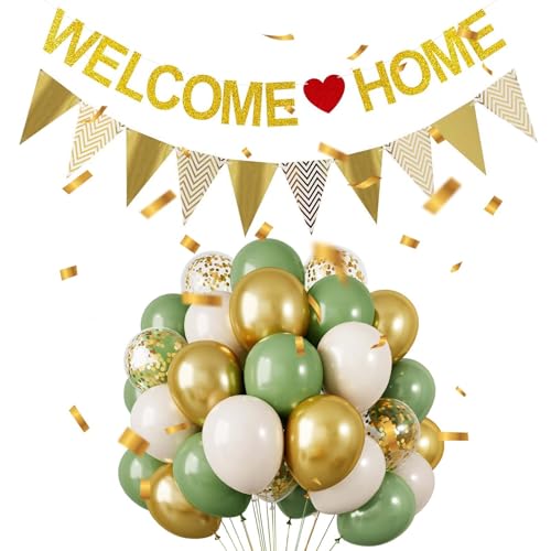 Willkommen Zuhause Deko Set, Welcome Home Banner, Herzlich Willkommen Girlande, Mit 30 Stück Hautfarbe Grün Gold Und Goldener Paillettenballon Set , für Babyshowerparty,Geburt,Fest Dekorations von AHEJIOO