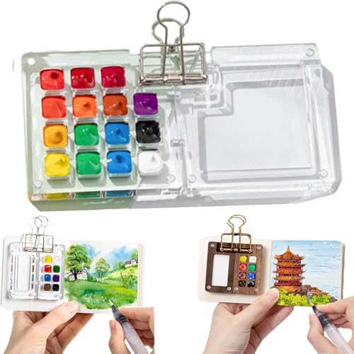 AHENKEAIA Taschenkünstler-Aquarell-Reiseset, Taschen-Aquarell-Set, tragbares Mini-Aquarell-Reiseset, 8/15-Gitter-Farbpaletten-Reiseset, Mini-Aquarellfarben-Set(Acrylic 15 Gride) von AHENKEAIA