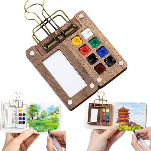 AHENKEAIA Taschenkünstler-Aquarell-Reiseset, Taschen-Aquarell-Set, tragbares Mini-Aquarell-Reiseset, 8/15-Gitter-Farbpaletten-Reiseset, Mini-Aquarellfarben-Set(Wood 8 Grid) von AHENKEAIA