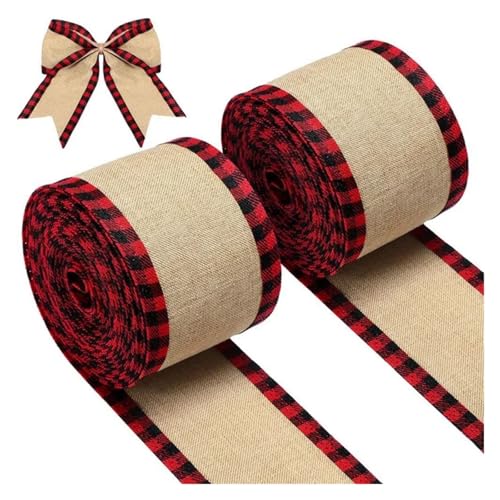 AHIOJEGX Juteband 2 Rollen weihnachtliche Karobänder aus Sackleinen mit Drahtrand, Karobänder, Stoffband for Basteln for DIY-Schleifen, Verpackungsdekoration(Black) von AHIOJEGX